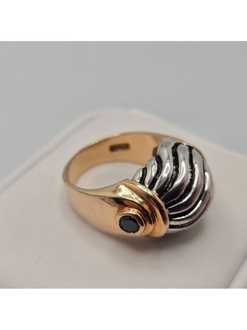 Dome Ring 18K GP Silver & Gold Tone Cabochon Size 8 Vintage Estate Statement